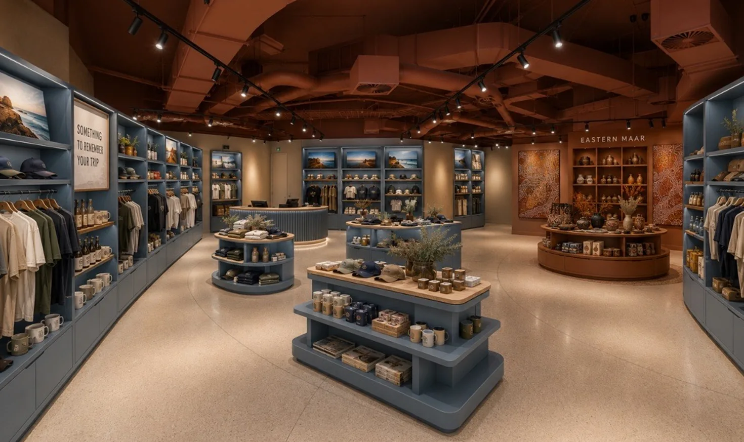 Artist's impression of the Twelve Apostles visitor centre shop, with blue shelving stocked with clothing, caps, mugs and local produce, and a dedicated Eastern Maar section displaying Aboriginal artwork and products