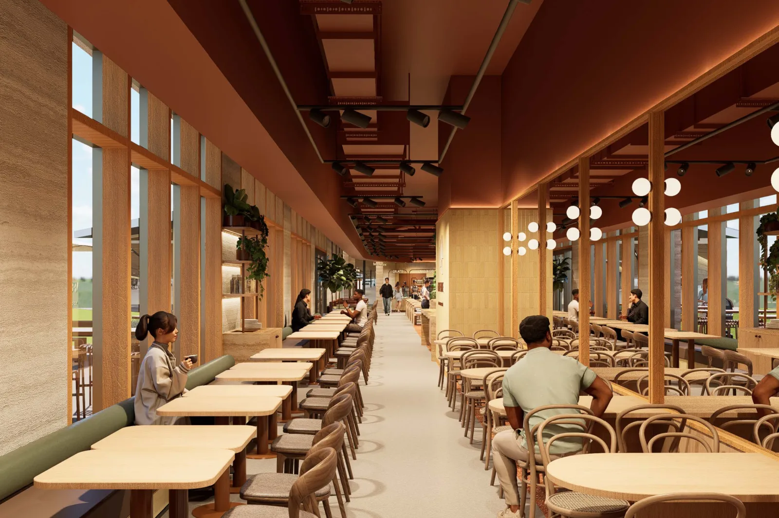 Artist's impression of the Twelve Apostles Café, a long dining space with timber tables and bentwood chairs, banquette seating along tall windows, and warm terracotta ceilings