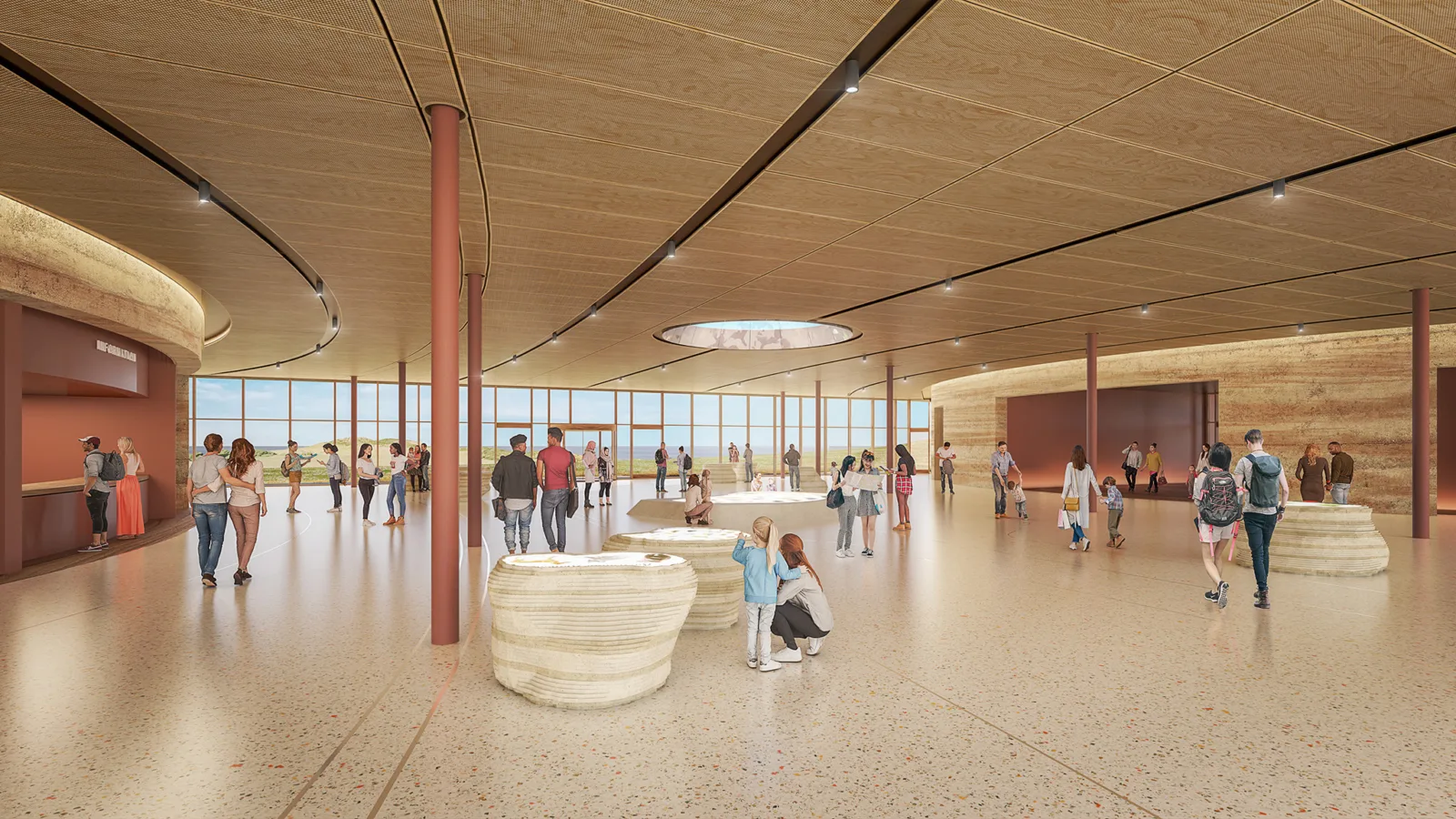 Artist's impression of visitors gathering in the bright, open foyer of the Twelve Apostles visitor centre, with a child and parent exploring a layered stone display beside the information desk
