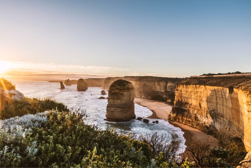 The Twelve Apostles at golden hour, viewed from coastal heath above the cliffs, with limestone stacks stretching along the shoreline and the viewing boardwalk visible on the clifftop