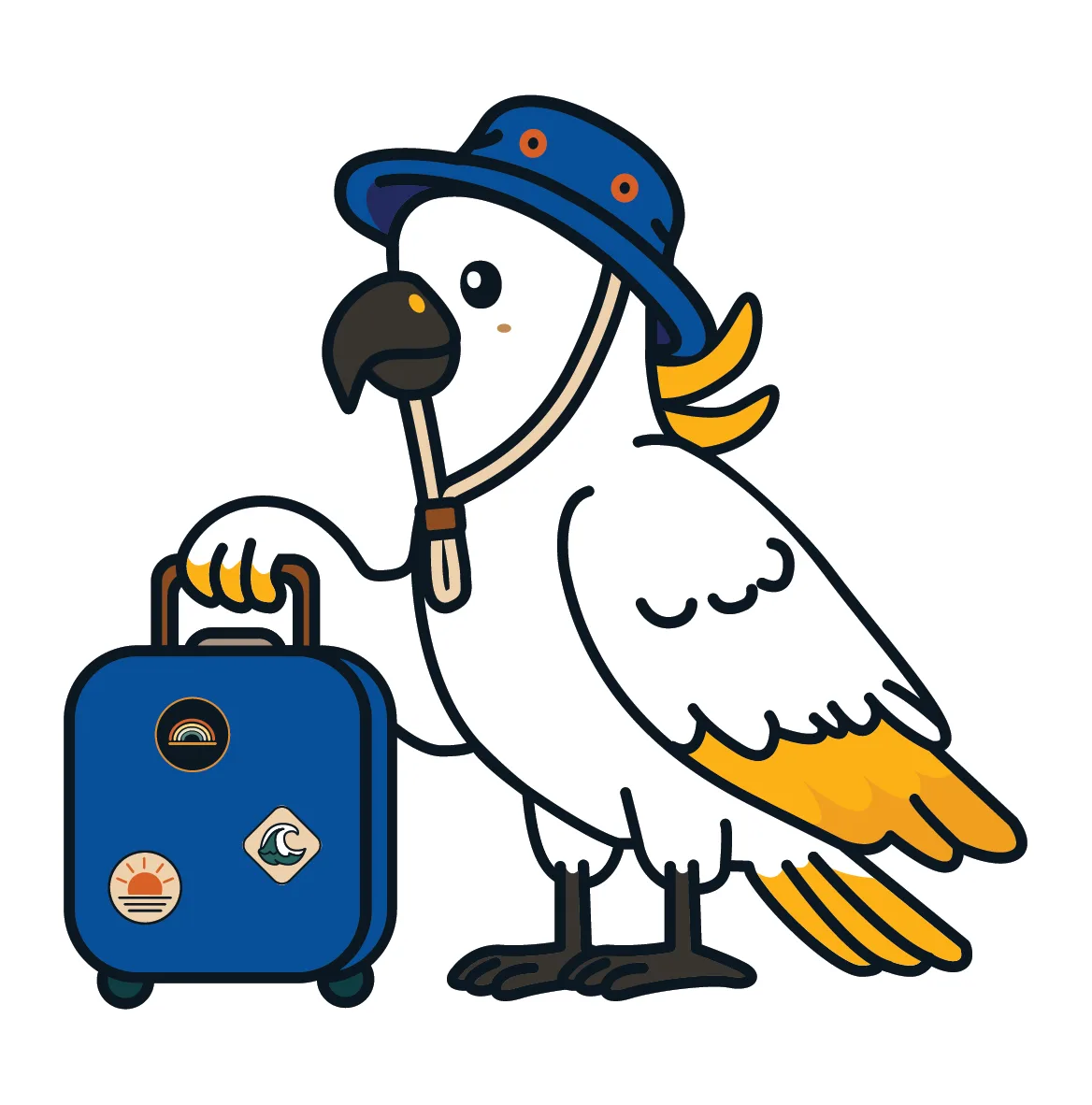 A cartoon Kookaburra holding a blue suitcase, wearing a blue bucket hat